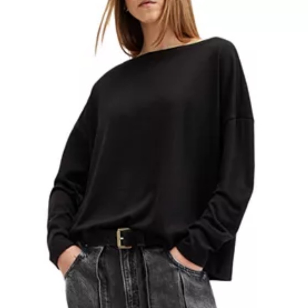 ALLSAINTS Rita Oversized Tee Black Boat Neck Long Sleeve Slouchy Relaxed Tshirt
